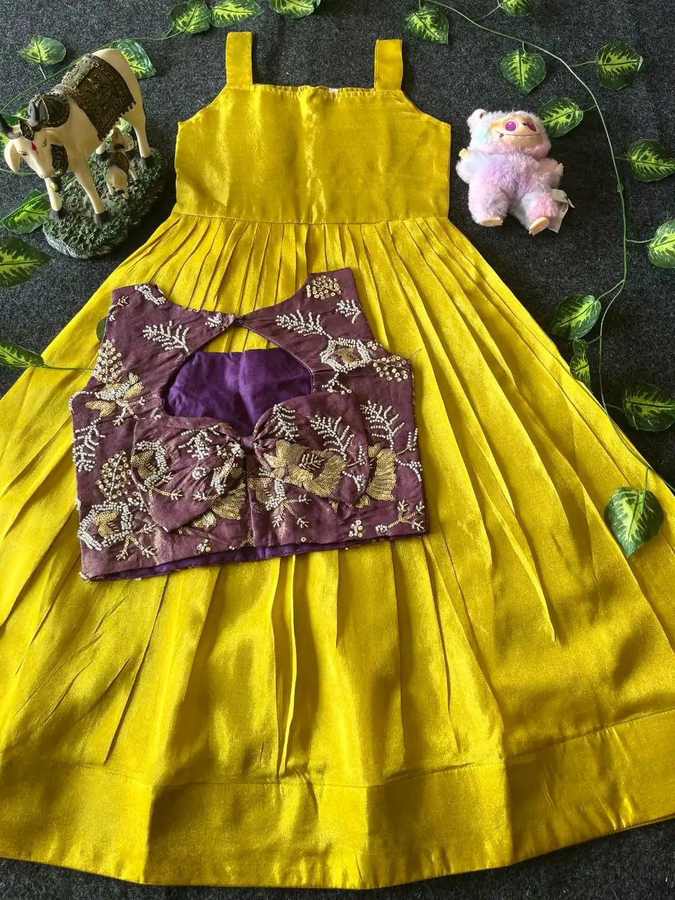Kids Tissue Gown with Handwork Coat - Yellow
