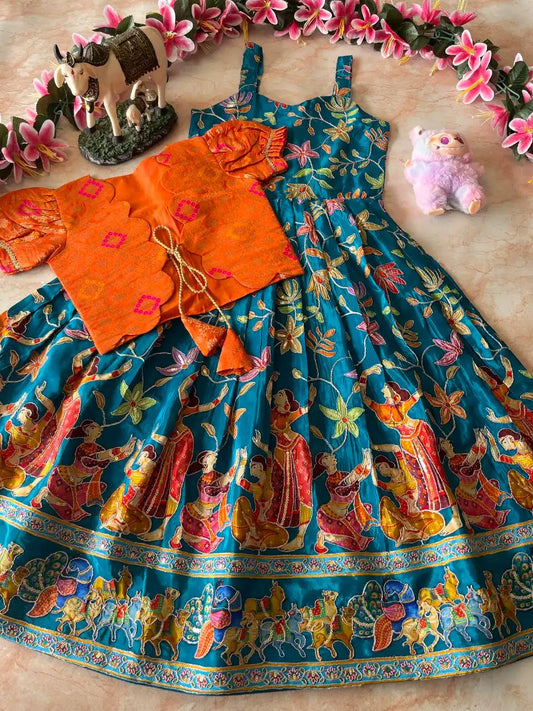 Beautiful Position & Kalamkari Kids Gown with Coat - Rama