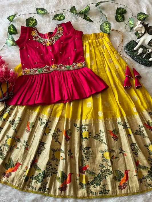 Soft Khadi Georgette Bird Weaving Lehenga - Yellow