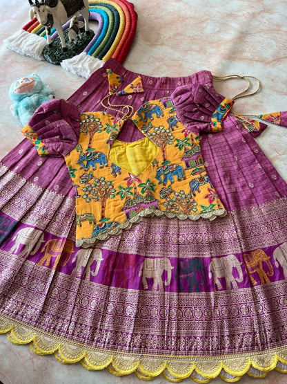 Kids Elephant 3D Weaving Lehenga - Rani Pink