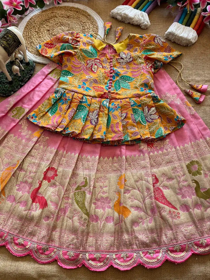 Kids Khadi Silk Animal Theme Weaving Lehenga - Baby Pink
