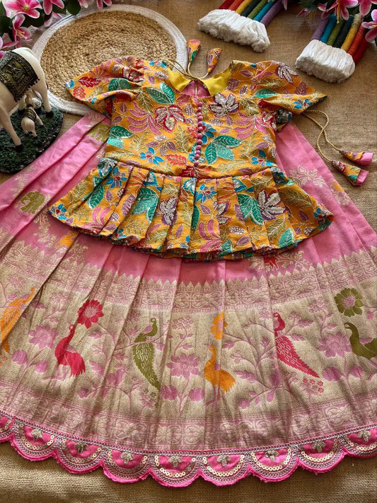 Kids Khadi Silk Animal Theme Weaving Lehenga - Baby Pink