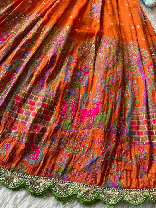Kids Tissue Silk Paithani Weaving  Gown - Orange