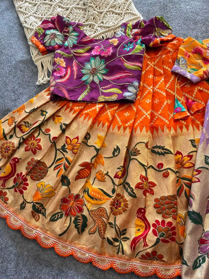 Dola Silk Parrot Meena Weaving Kids Lehenga - Orange