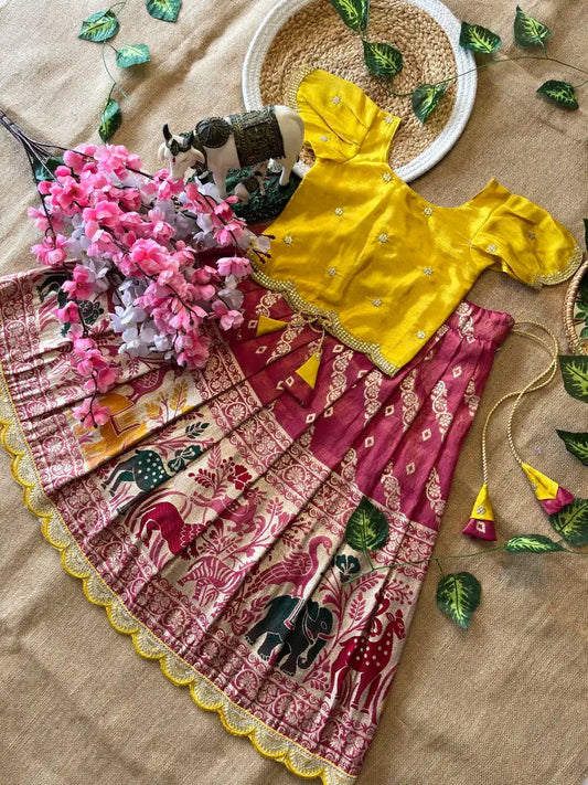 Animals Bandhej Leheriya Kids Lahenga - Yellow