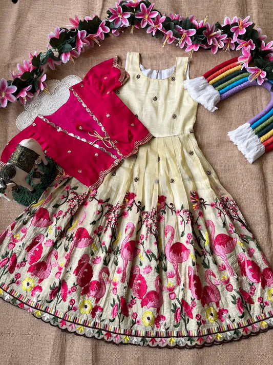 Flamingo Embroidery Kids Gown & Coat - Cream