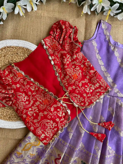 Soft Tissue Silk Paithani Weaving Kids Gown - Lilac
