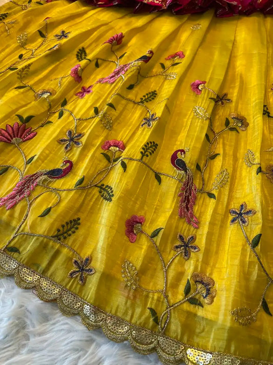 Kids Nylon Silk Embroidery Lehenga - Yellow