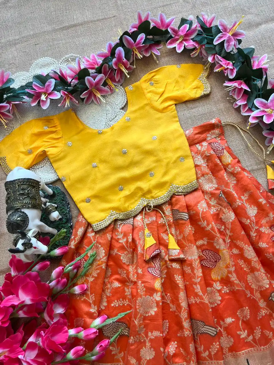 Kids Banarasi Dola Silk Paithani Lehenga - Orange