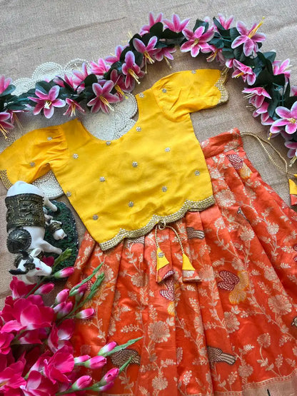 Kids Banarasi Dola Silk Paithani Lehenga - Orange
