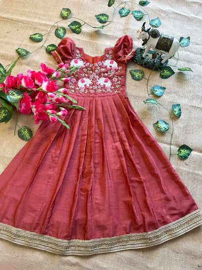 Kids Elephant Handwork Gown - Red