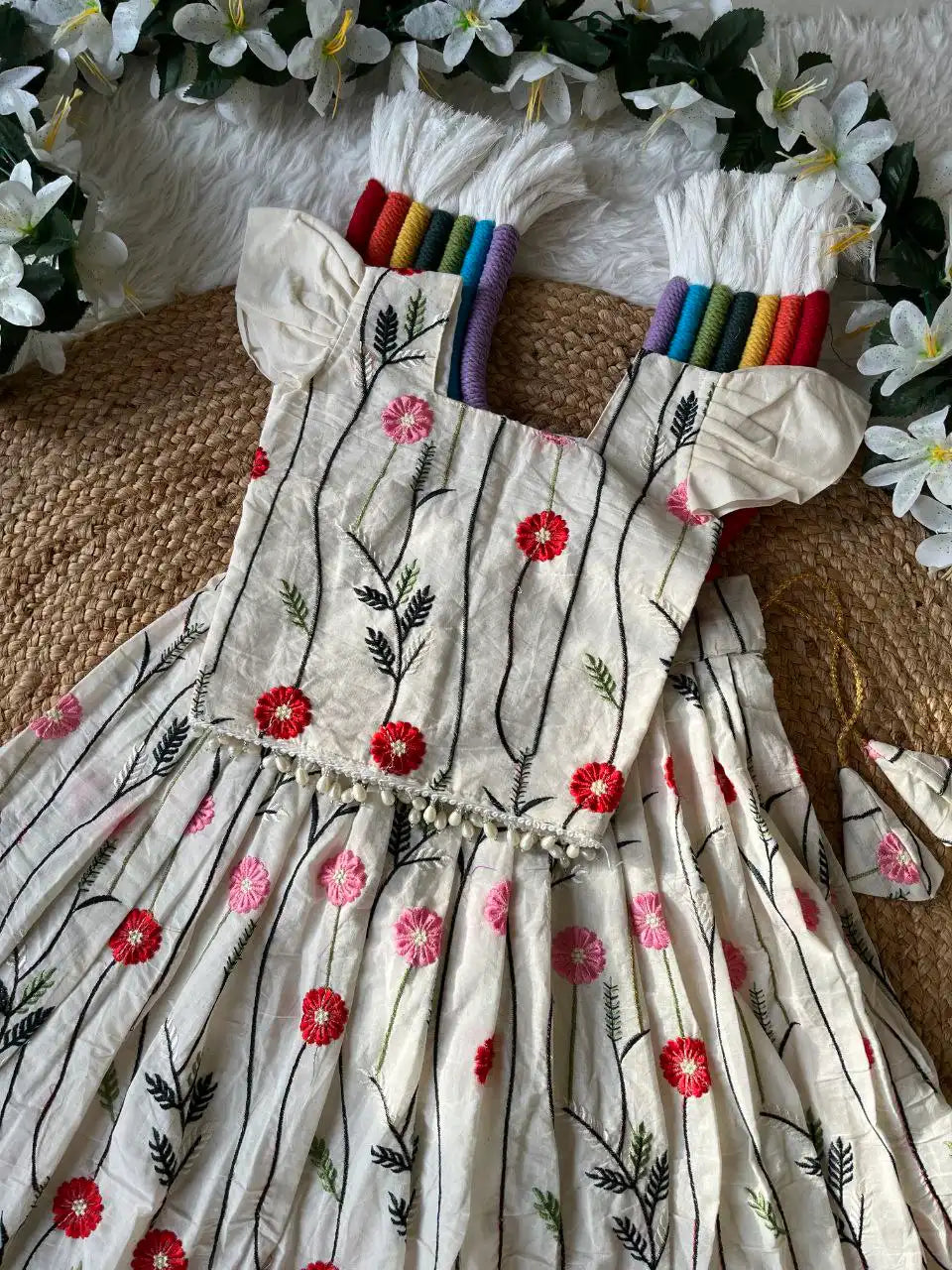 Floral Embroidered Cotton Kids Lehehnga Set