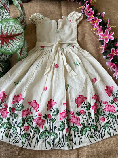Kids Kora Cotton Lotus Embroidery Work Gown