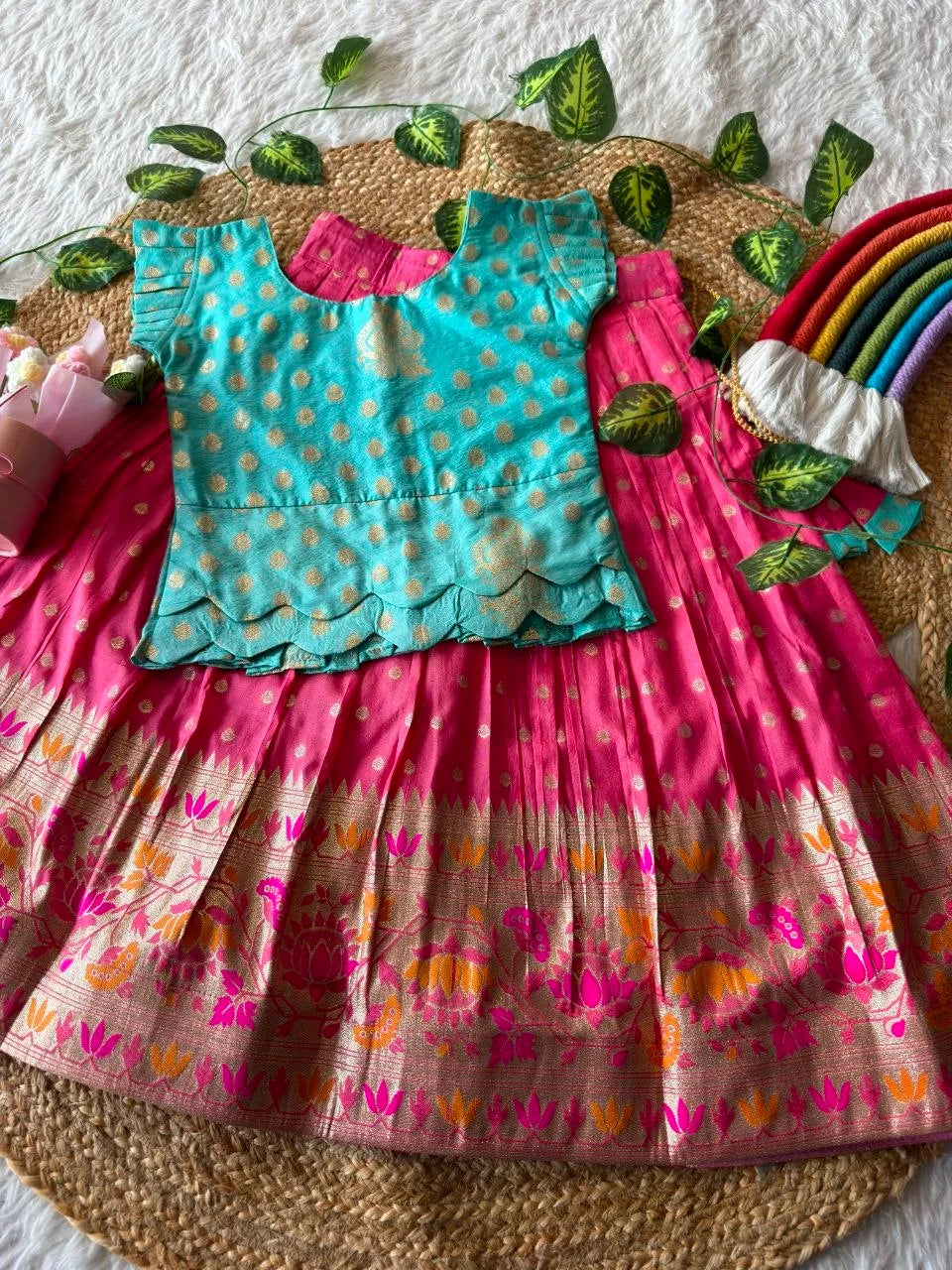 Kids Kalamkari Lehenga - Sky & Pink