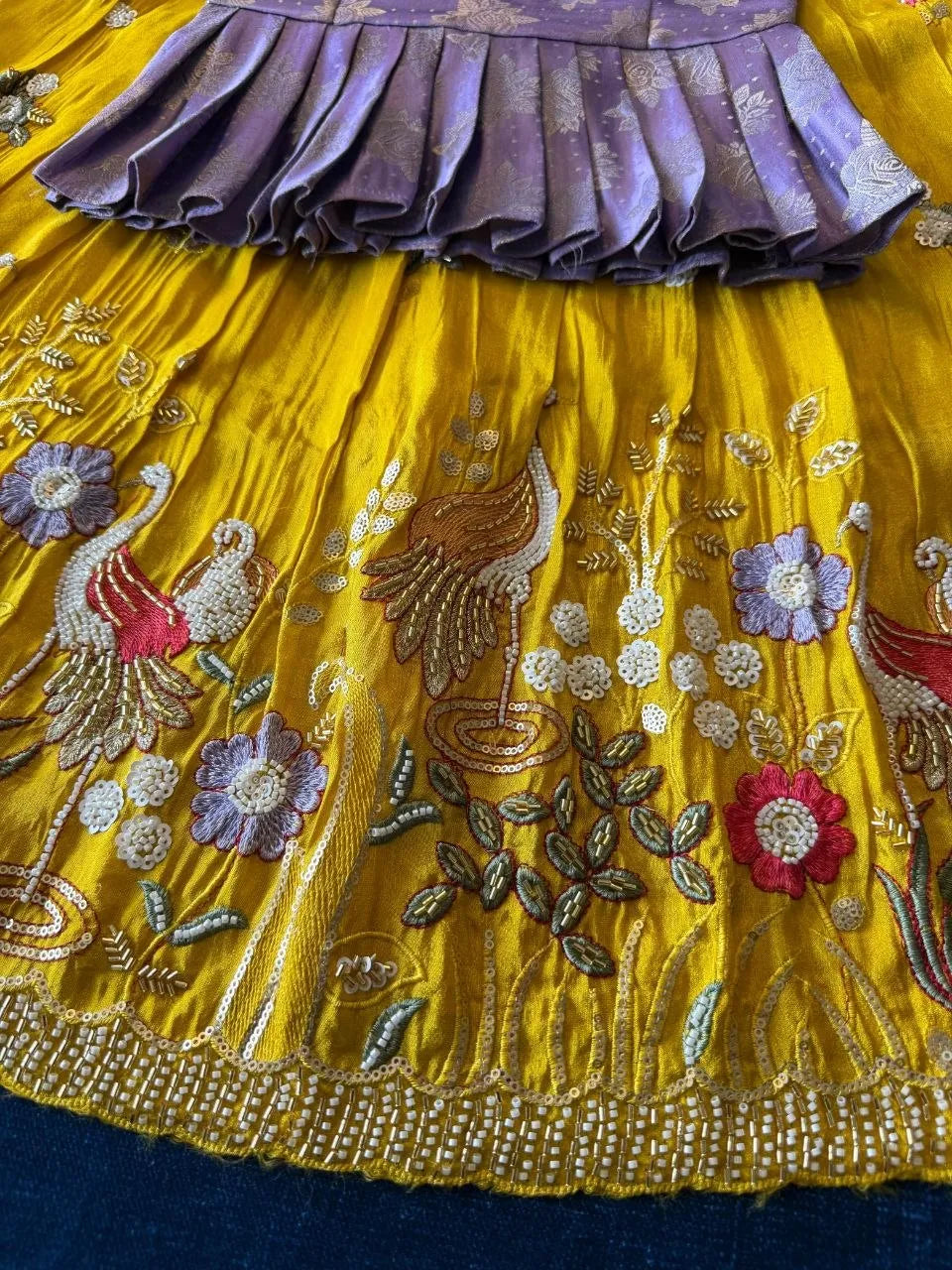 Flamingo Bead & Moti Work Kids Lehenga - Lilac & Yellow