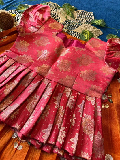 Flamingo Bead & Moti Work Kids Lehenga - Pink & Orange