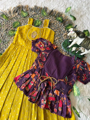 Kids Tissue Gown Kalamkari Mirror Work Coat - Yellow
