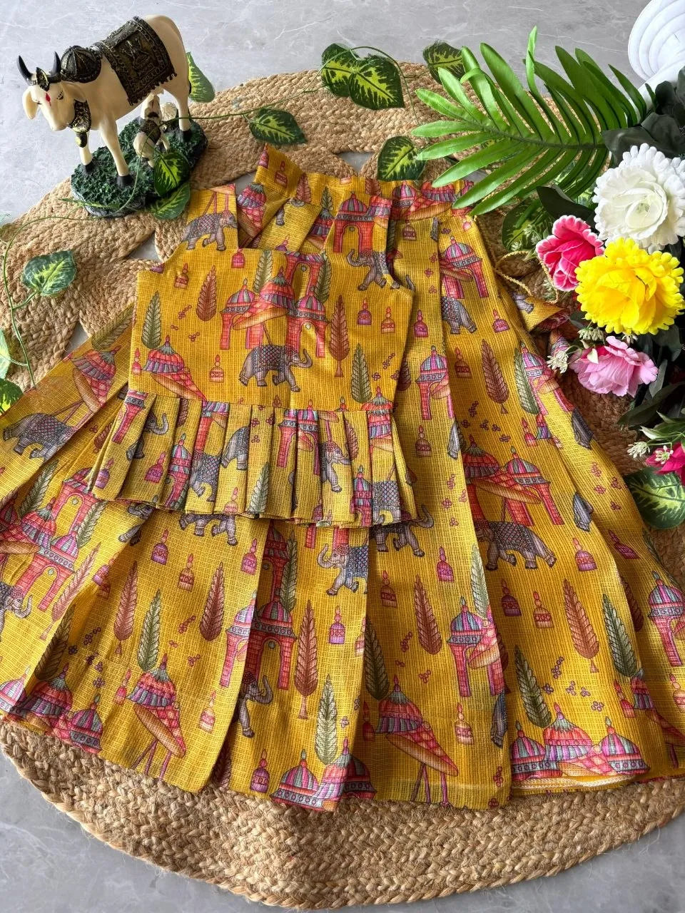 Kota Chex Kids Kalamkari Lehenga - Yellow