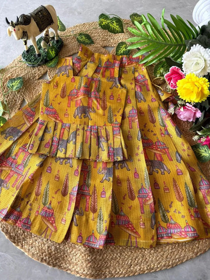 Kota Chex Kids Kalamkari Lehenga - Yellow