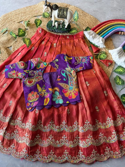 Kids Rainbow Work Designer Lehenga - Blue & Red