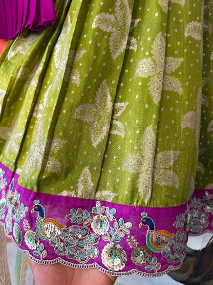 Kids Floral Gown with Maggam Work Coat - Parrot