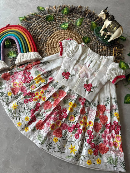 White Floral Space Silk Kids Lehenga Set
