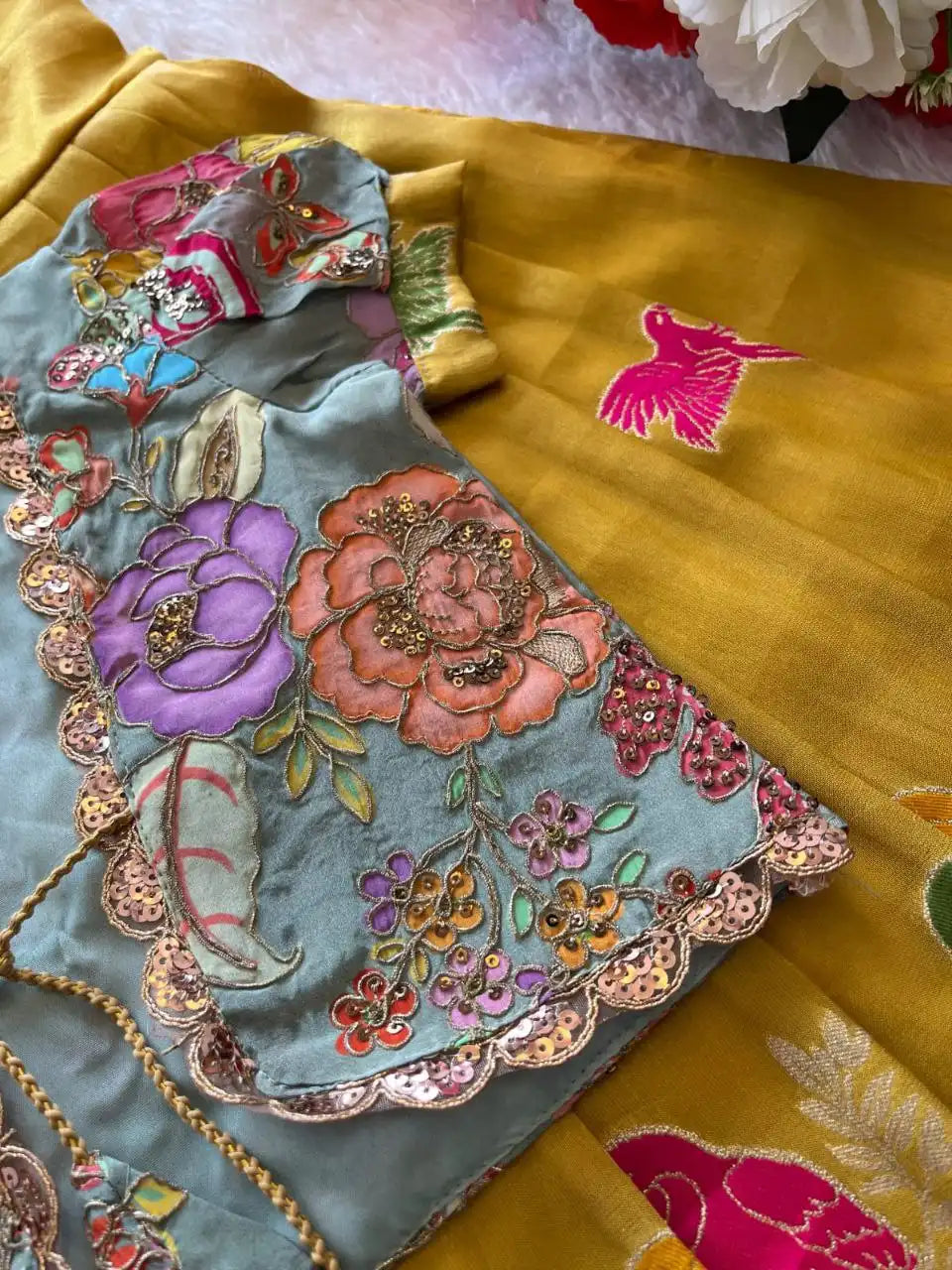 Parrot Design Floral Kids Gown with Coat - Yellow
