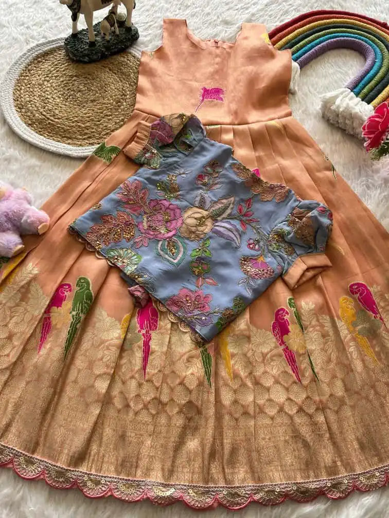 Parrot Design Floral Kids Gown with Coat - Peach