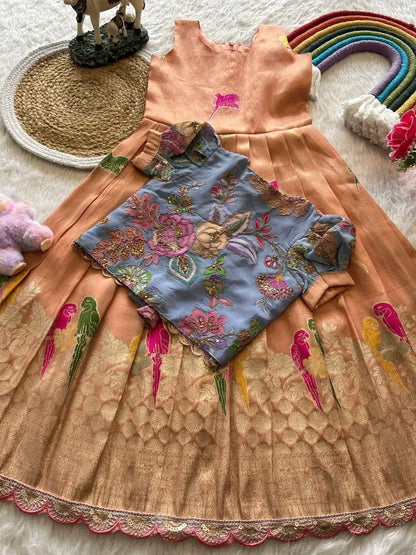 Parrot Design Floral Kids Gown with Coat - Peach