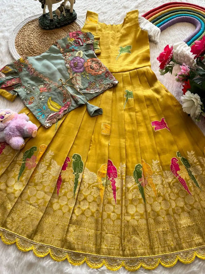 Parrot Design Floral Kids Gown with Coat - Yellow