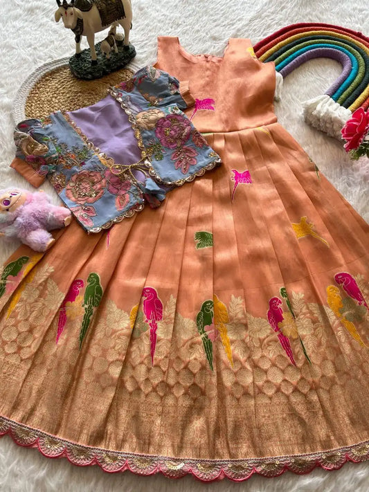 Parrot Design Floral Kids Gown with Coat - Peach