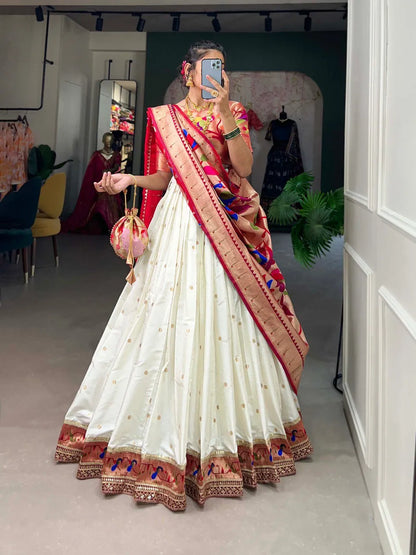 Royal Paithani Lehenga Choli with Dupatta & Batwa - White