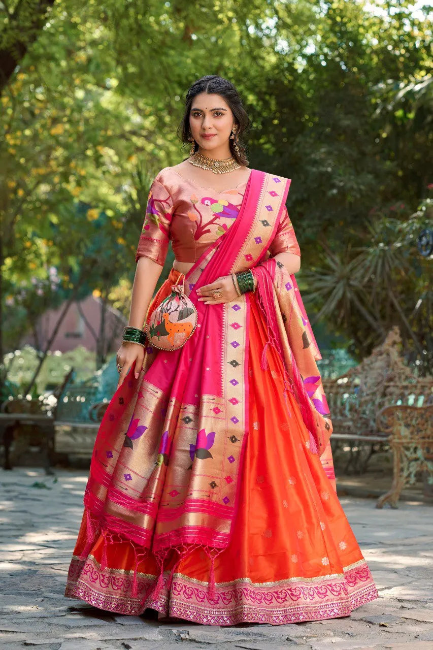 Royal Paithani Lehenga Choli with Dupatta & Batwa - Orange