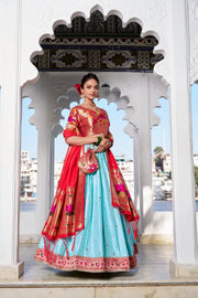 Traditional Paithani Lehenga with Dupatta & Batwa - Sky-Blue