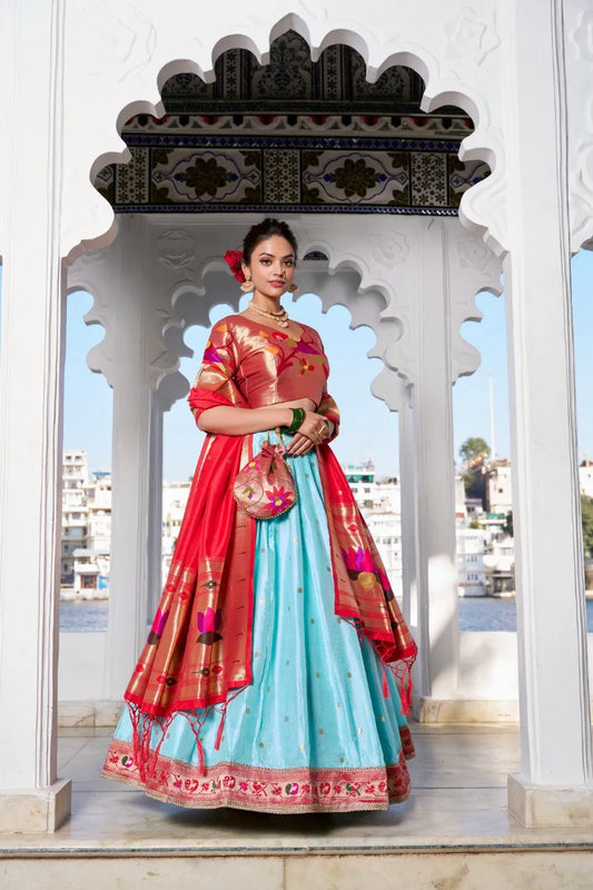 Traditional Paithani Lehenga with Dupatta & Batwa - Sky-Blue