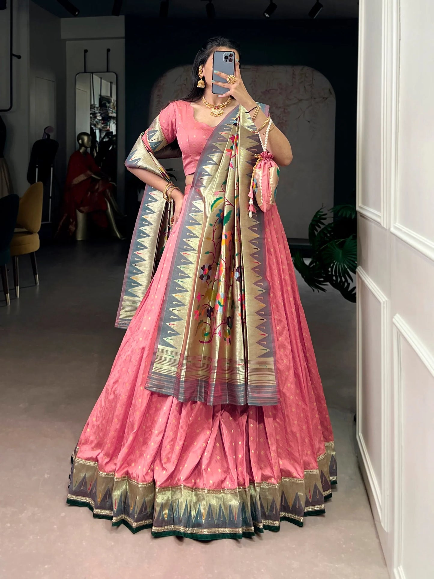 Traditional Maharashtrian Paithani Lehenga Choli for Wedding - Peach