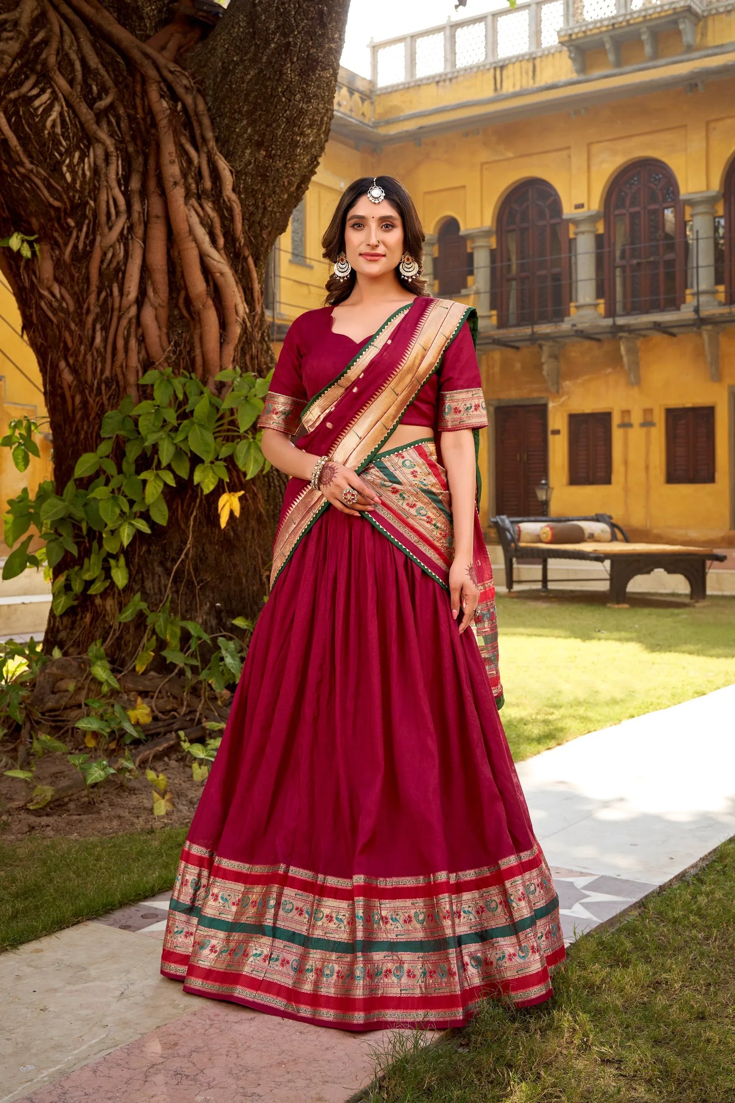 Soft Pure Chanderi Gotta Patti Lace Paithani Lehenga Choli - Majenta Pink