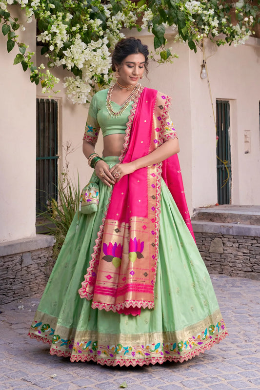 Maharashtrian Wedding Paithani Lehenga Choli - Pista
