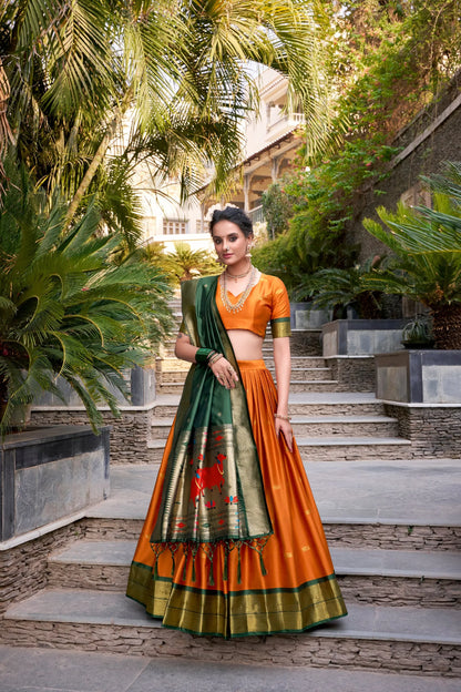 Royal Zari Jacquard Weaves Paithani Lehenga Choli - Orange