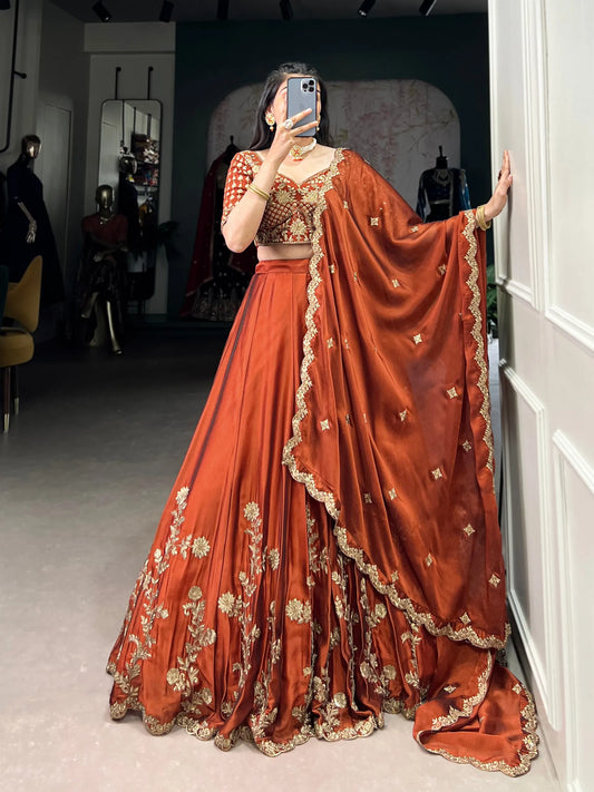 Rust Orange Thread Embroidery Work Lehenga Choli