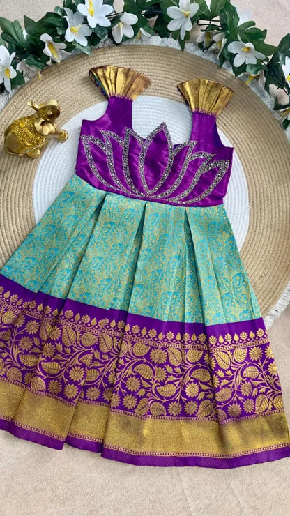 Jaquard Silk Lotus Maggam Work Gown/Frock - Purple & Sky