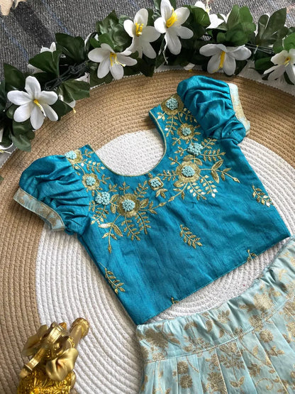 Viscose Silk Maggam Work Kids Lehenga-choli - Sky