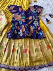 Soft Tissue Silk Embroidered Kids Lehenga Choli - Blue & Yellow