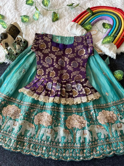 Elephant Garden – Kids Festive Lehenga Set - Sky