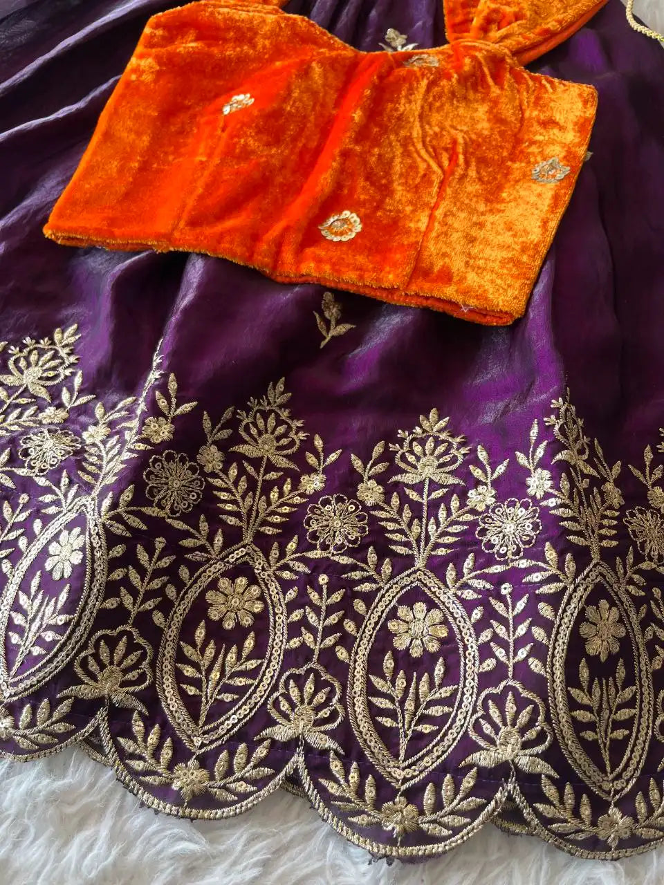 Royal Velvet Kids Lehenga Set - Orange & Purple