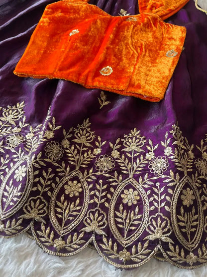 Royal Velvet Kids Lehenga Set - Orange & Purple
