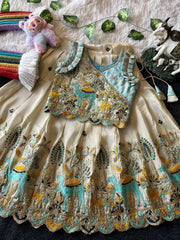Kids Nature Designer Lehenga Set - Sky & Cream