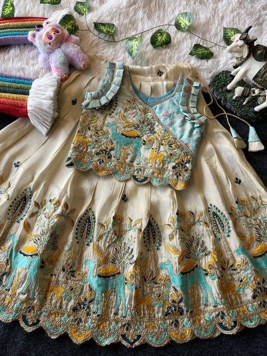 Kids Nature Designer Lehenga Set - Sky & Cream
