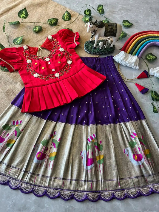 Flamingo Paithani Traditional Kids Lehenga - Purple