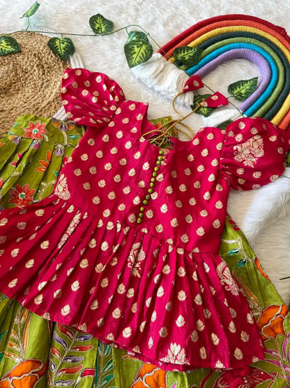 Kids Dola Silk Position Embroidered Lehenga Set - Pink